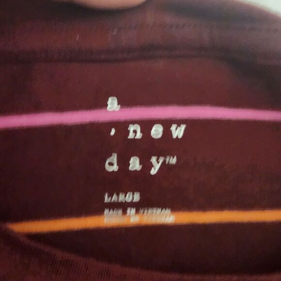 a new day T Shirt Striped Long Sleeve Burgundy Basic Women's Size Large - Picture 2 of 5